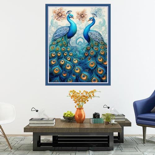 Image of Dooxvey Cross Stitch Kits for Adults Stamped Full Range of Embroidery Starter Kits for Beginners 11CT Printed Cross Stitch Patterns Needlepoint Kits Stamped Crossstitch-Blue Peacock 16x20 inch