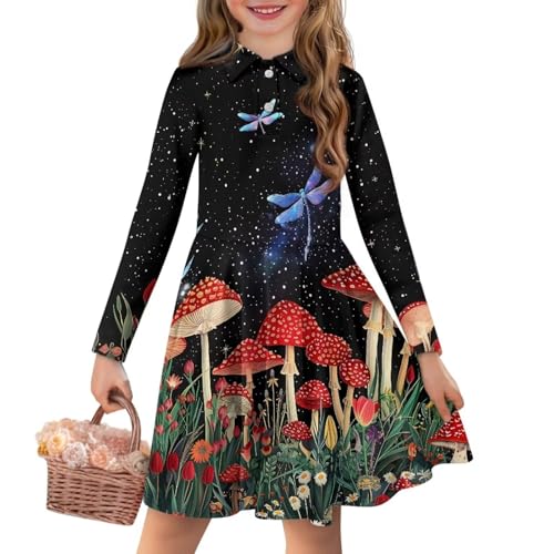 Girls' Casual Long Sleeve Polos Dress Size 2-14T Round Neck Pleated Dress for Girls Fall Daily Wear