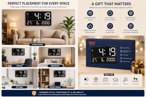 Image of Ajanta Quartz Digital Wall Clock with Large Display Day Date Month Year Display ABS Plastic Body Rectangle USB Powered LED Wall Clock for Hall Home Office Bedroom 32.8 x 21.8 x 3 cm OLC-501 (White)