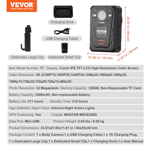 Image of VEVOR 1440P HD Police Body Camera, 128GB Body Cam with Audio Video Recording Picture, Built-in 3500 mAh Battery, 2.0 inch LCD, Infrared Night Vision, Waterproof GPS Personal Body Cam for Law Enforcement