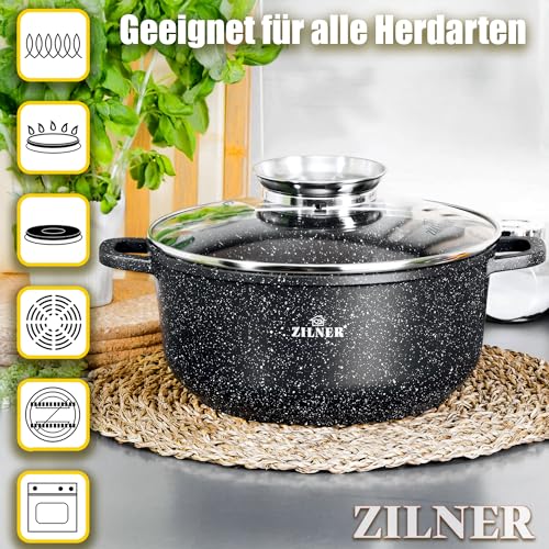 ZILNER® Kochtopf Set Induktion Topfset mit Glasdeckel für alle Herdarten Antihaftbeschichtung 3PC Schwarz