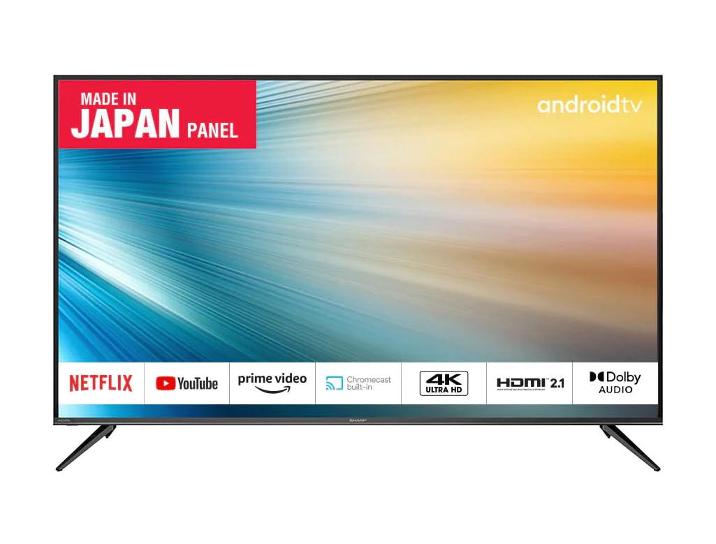 Samping view of Sharp 4T-C70DK1X TV with stand attached