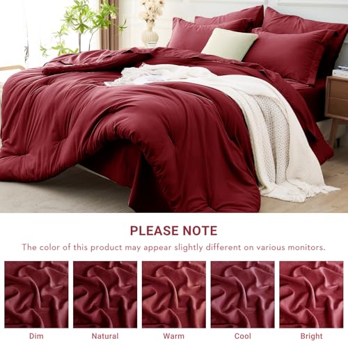 MUXHOMO 7 Pieces Full Comforter Set, Soft Bed in a Bag Full Size, All Season Bedding Set with Comforter, Flat Sheet, Fitted Sheet, Pillowcases & Shams, Burgundy Red