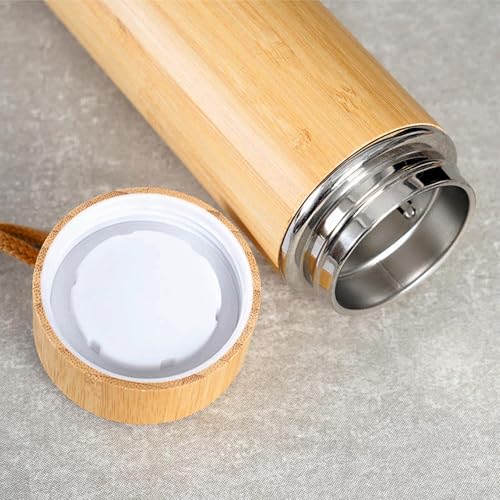 Image of Double Wall Customize Eco Friendly Bamboo Water Bottle Vacuum Insulated Personalized Your Name Logo Brand Flask Steel with Handle for Hot & Cold Drink 500ml