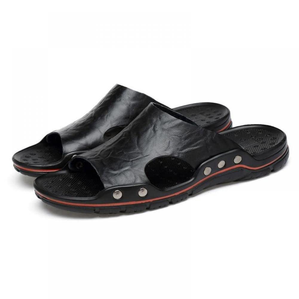 Leather Slippers Men Big Size 48 47 Slip On Casual Shoes Summer Breathable Outdoor Mens Slides Comfortable Beach Sandals, Black Black 42 EU
