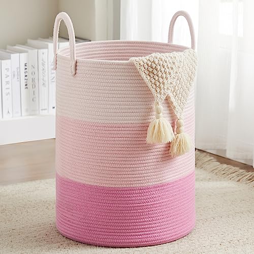 Image of Fiona's magic Cotton Rope Laundry Hamper, Tall Woven Laundry Basket Storage, Baby Nursery Hamper for Blankets, Toys and Clothes Hamper for Bedroom and Living Room Organizing, 58L, Pink