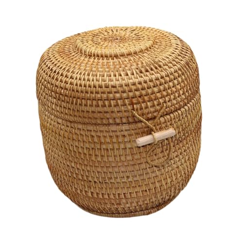 Bothyi Hand Woven Serving Bowl Basket, Round Rattan Box with Cover, Rattan Woven Basket for Candy, Tea, S