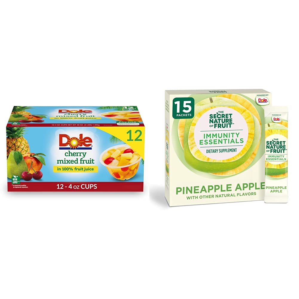Photo 1 of **BEST BY AUGUST 2024** Dole Fruit Bowls Cherry Mixed Fruit with Pineapple Apple Immunity Essentials Powder by The Secret Nature of Fruit, 4 Oz Cups (12 Count) and 15 Packets