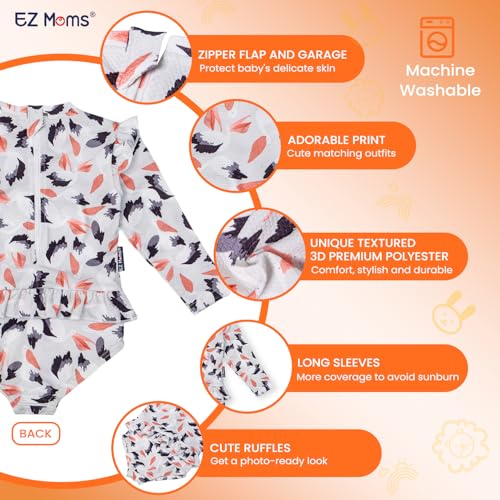 EZ Moms Baby Toddler Swimsuit Girl UPF 50+ Long-Sleeve One Piece Zipper Baby Beach Swimwear Sunsuit Ruffle with a Swim Cap4