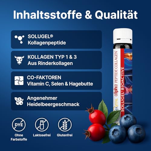 PharmaVital Alpha Peptide Collagen Trinkampullen (50 Stück) – 10.000mg Kollagenhydrolysat SOLUGEL(R), Vitamin C Selen Hagebutte, Premium, mit bioaktiven Peptiden für Knochen Gelenke Haut 3
