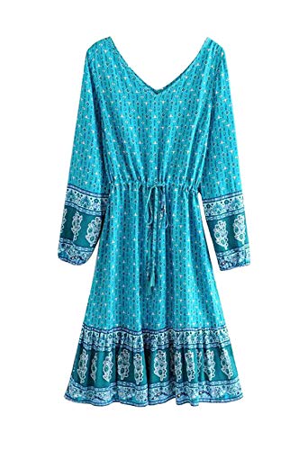 R.Vivimos Women's Autumn Long Sleeve Floral Print V Neck Knee Length Dress (Small, Blue)