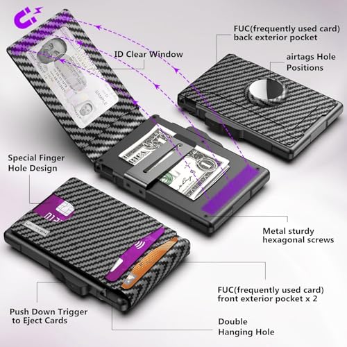 Image of Mens Pop Up Wallet for AirTag: Premium Genuine Leather, RFID Blocking, Smart, Minimalist, 9-14 Card Capacity, ID Window, Cash Slot (Carbon Fiber Black 2)