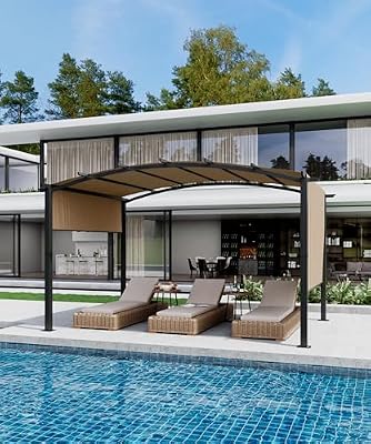 GarveeLife 12 x 9 Ft Outdoor Arched Pergola, Metal Pergola with Retractable Canopy, Arched Style Gazebos for Backyards, Lawn, Patios (Khaki)