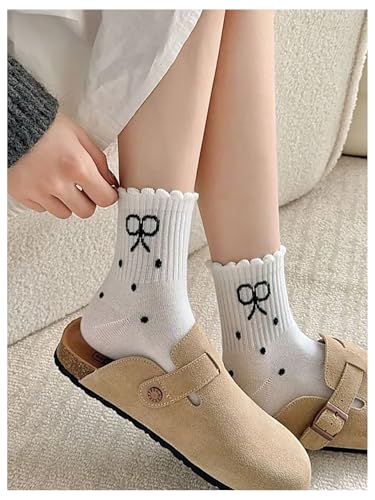 OYOANGLE Women's 5 Pairs Cute Bow Frilly Crew Socks Set Polka Dots Comfortable Everyday Socks4