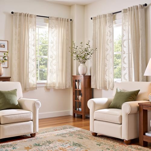 Image of jinchan Floral Linen Curtains 63 Inch Farmhouse Back Tab 4 Panels