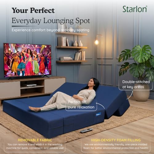 Image of Starlon 3 Seater Foldable Sofa Cum Bed 3-in-1 with 2 Waves Pattern Pillows, Washable Jute Fabric Cover, Space Saving Guest Bed, Royal Navy Blue 5x6.5 Ft