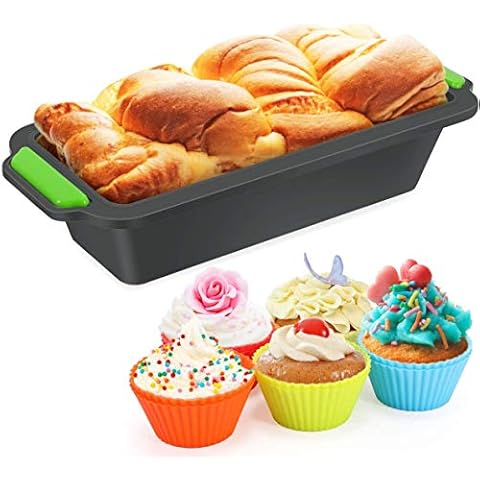 Nytlivet 11 in 1 Silicone Bread Pan Set, Loaf Pan Bread Pan Set, Non-Stick Baking Pan, and 10pcs Reusable Muffin Cupcake Molds, for Cakes, Muffins, Toast and Quiche (Grey, 11) Cover