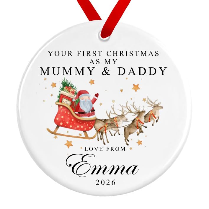First Christmas as my Mummy & Daddy Bauble | Santa Sleigh Reindeers Ceramic Decoration | Personalised Baby First Christmas Custom Ornament (Red Ribbon)