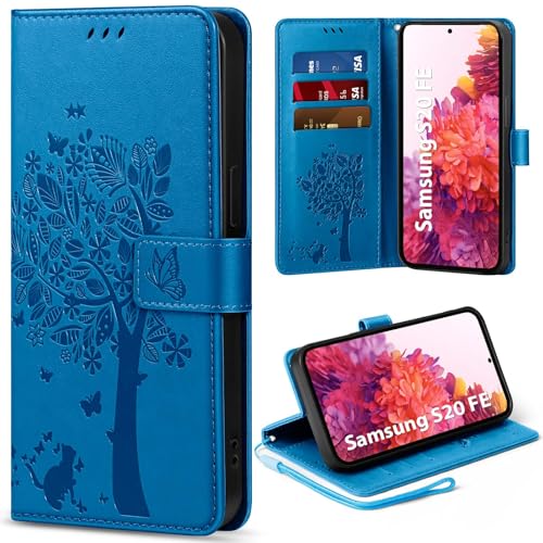 EASDNB Handyhülle für Samsung Galaxy S20 FE Hülle Flip Lederhülle Wallet Case mit [3 Kartenfächer] [Magnet] [Ständer] Premium Leder Prägung Schutzhülle Klapphülle für Samsung Galaxy S20 FE Blau