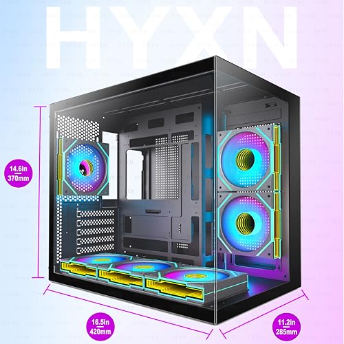 Image of H3 HYXN ATX PC Case - Pre-Installed with 6 Infinity Mirror PWM ARGB Fans - Compact Dual Cavity Mid-Tower PC Gaming Case - with Type-C 3.2-360mm Radiator Support, Black