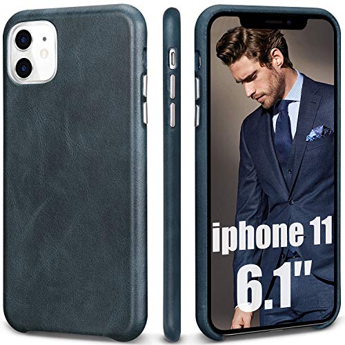 Super Brands TOOVREN iPhone 11 Case, iPhone 11 Premium Real Leather Case Slim Shockproof Anti-Scratch Men Phone Case [Supports Wireless Charging] Protective Cover for Apple iPhone 11 6.1 inch 2019 Blue