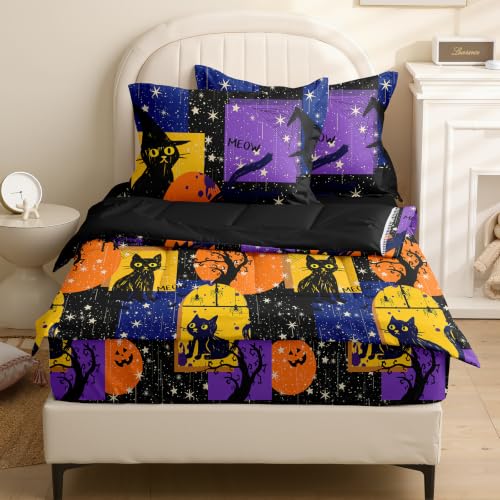 Image of Kids Comforter Set,Zipper Bedding Twin for Teen,Black Cat Printed Comforter Set with Fitted Sheets and Pillowcases for All Season(Black Cat Twin)