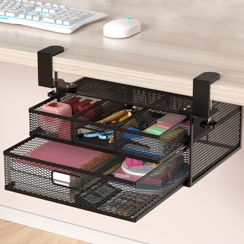 Under Desk Drawer Organizer No Drill Metal Under Desk Storage Drawer Container 2 Slide Out Cabinet Drawer Suitable for Home And Office
