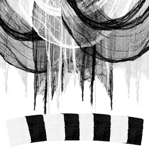 Paezm 8 Pack 72 x 32 Inch Halloween Black White Creepy Cloth (4 Black + 4 White) - Spooky Bloody Gauze Fabric Hanging Netting Cloth Decorations for Porch Doorways Table Yard Outdoors Indoors Decor