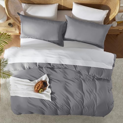 Nestl Full Duvet Cover Set with Comforter Insert - Grey 4 Piece 80x90 Duvet Cover & 2 Pillow Shams with White Quilted Down Alternative Comforter, Ultra Soft, All Season