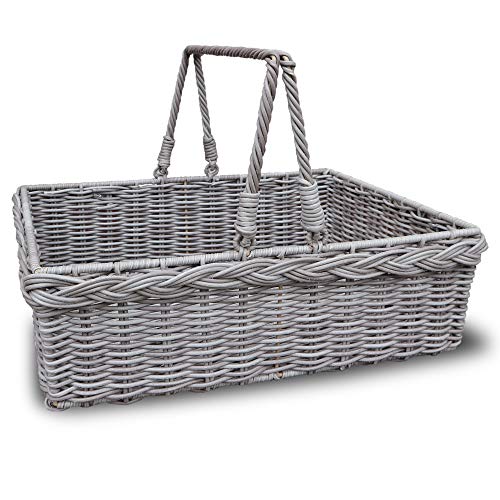 HABAU Picknickkorb Grau Serviertablett & Tragekorb aus Kunststoff-Geflecht mit Metallrahmen Stabiler Korb mit Griffen Filzboden 46 x 34 x 17 cm Ideal für Picknick & Haushalt