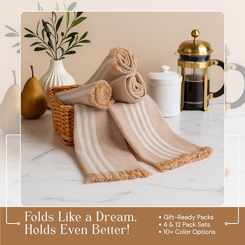 Image of Prewashed Stripe Kitchen Towels 4 Pack, 16x26 Inches, 100% Cotton, Dish Towels for Kitchen Drying, Reusable Tea Towels, Absorbent Wash Cloths, Quick Dry and Machine Washable - Beige