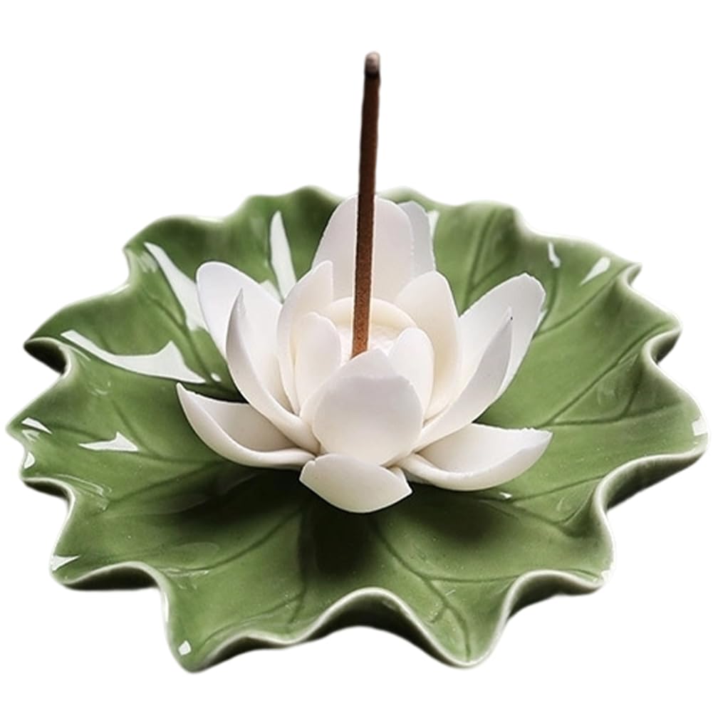 CREATCABIN Lotus Incense Burner Holder Stick Ceramic Detachable Ash Catcher Lotus Leaf Incense Burners Tray for Sticks Home Yoga Teahouse Zen Buddhist Altar Purify Spiritual Supplies White 3.54 Inch