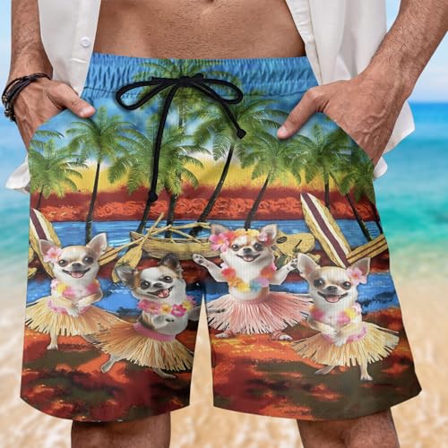 Funny Dog Mens Swim Trunks - Hula Tropical Hawaiian Mens Shorts Casual - Summer Drawstring Beachwear Shorts PA752