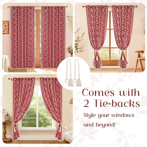 Image of Yinhua Boho Curtains for Living Room 84 Inch Length Vintage Linen Red Curtains for Bedroom Light Filtering Floral Window Curtain Rod Pocket & Back Tabs Farmhouse Rustic Tassel Drapes with Tiebacks