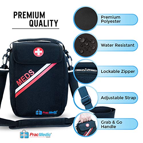 PracMedic Bags Lockable, Insulated, Travel Medicine Bag- Holds Epipens, Auvi-Q, Asthma Inhaler & Spacer or Diabetic Supplies, Your Personal Medicine Organizer- Grab and Go with T-MEDS Bag (Black)