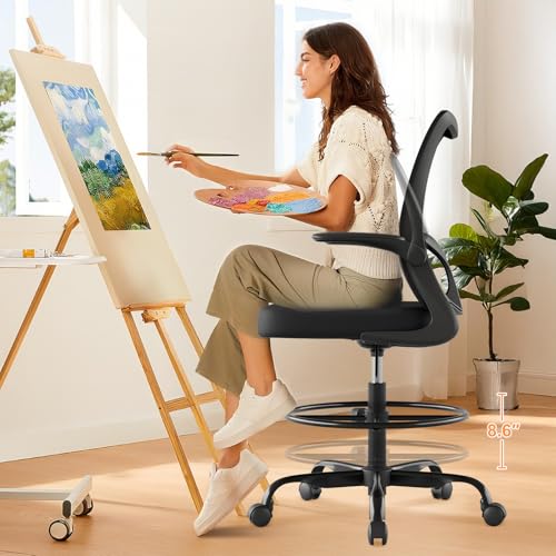 Tall Drafting Chair Ergonomic Home Office Desks Chairs Standing Desk Chair with Flip-up Armrests Adjustable Height Breathable Mesh Office Chair with Lumbar Support and Adjustable Footrest Ring Black - Image 3