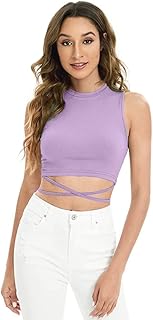 glare & blair Solid Women Mock Neck Sleeveless Crisscross Tie Back Casual Ribbed Crop Tank top-picture-36