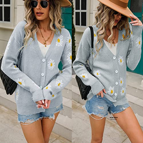 Image of Women's Floral Print Long Sleeve V-Neck Sweaters Button Down Ribbed Cuffs Knit Cropped Cardigan Sweater