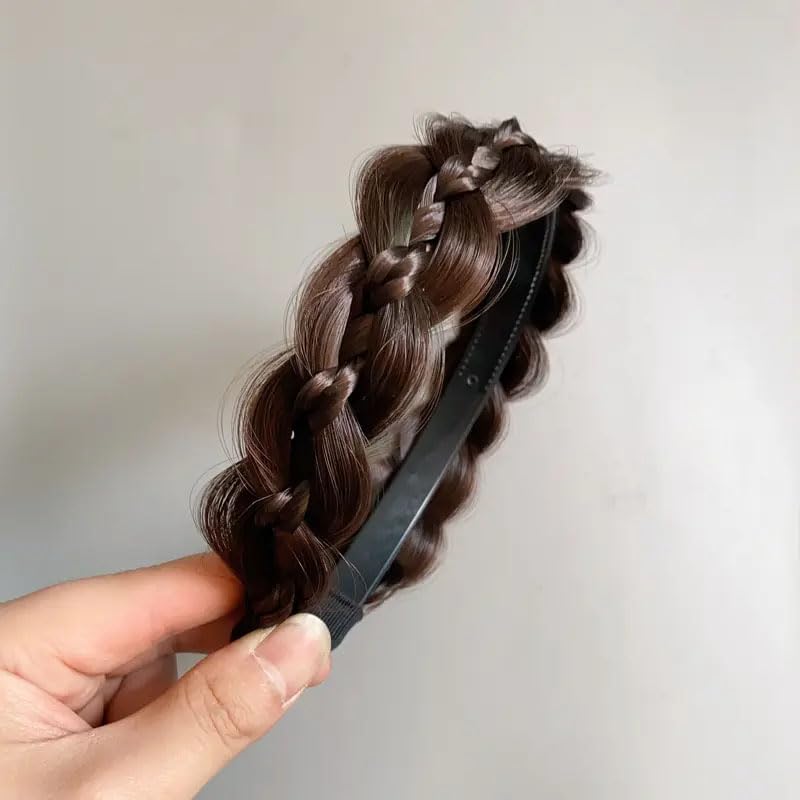 ashkash 1Pcs New Fish Bone Elegant Braided Wig Head Band Women Fried Dough Twists with Three Detailed Braids High Plastic Band Accessories for Girls - Brown-picture-12