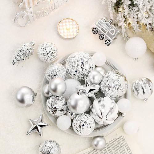 65ct Christmas Balls Ornaments, Shatterproof Plastic Decorative Baubles for Xmas Tree Decor, Multi-Size Christmas Ornaments Set for Tree, Home Indoor Party Decor, Silver
