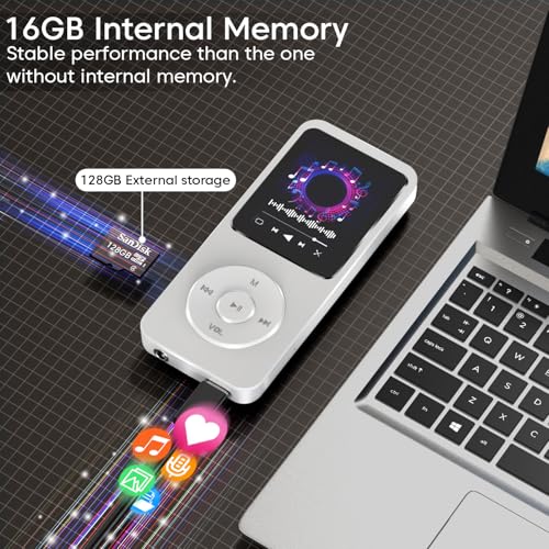 Image of Sounce 16GB Mini MP3 Music Player with Bluetooth 5.4, HiFi Lossless Sound, Video Playback, Voice Recorder, FM Radio, E-Book Reader, and Built-in Speaker | Expandable up to 128GB (White)