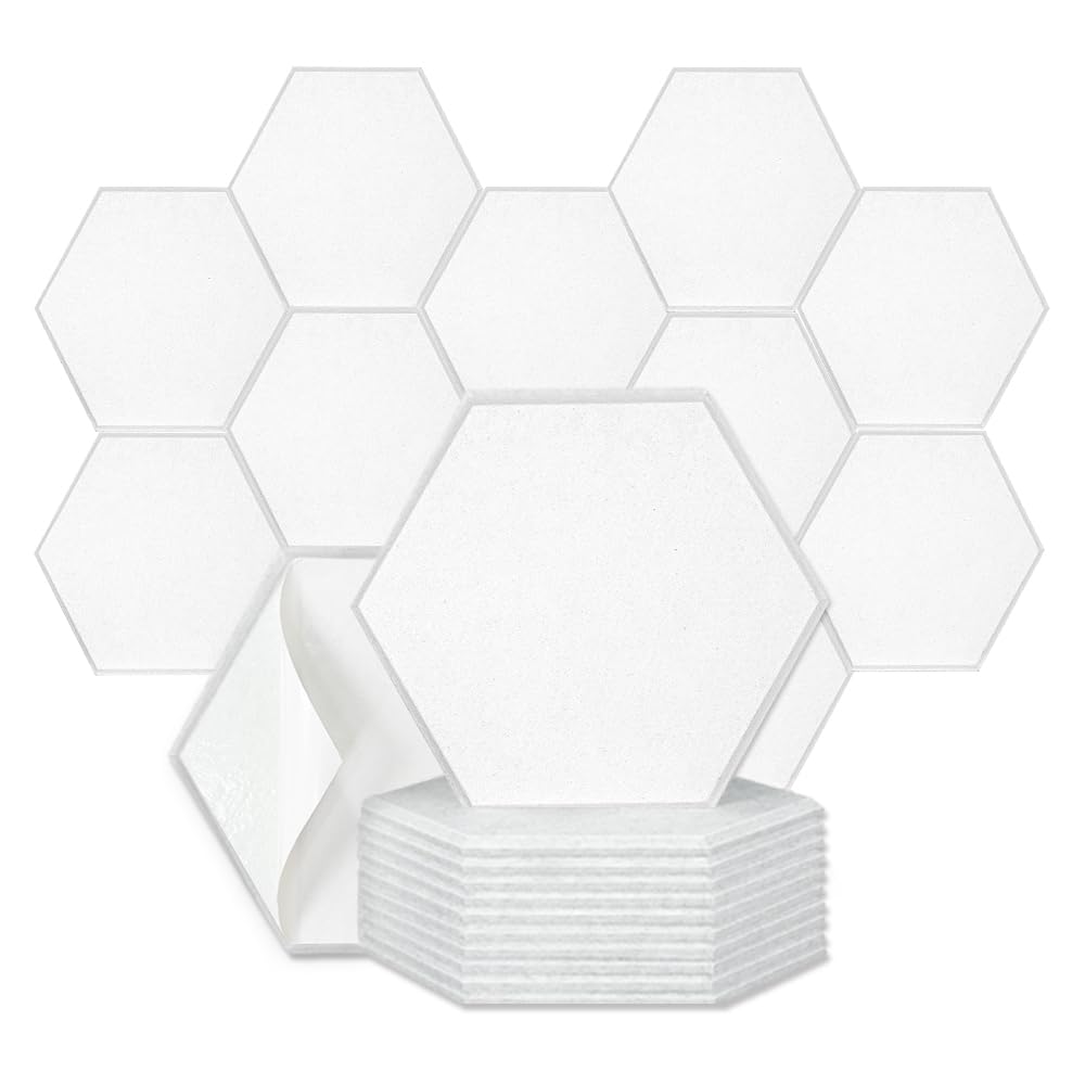 12 pack hexagon acoustic panels 14.17"x12.4"x0.35" self-adhesive high density sound absorbing panels sound for wall panels in home office reccording room studio-white