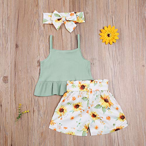 3Pcs/Set Toddler Baby Girl Summer Outfit Sleeveless Ruffle Crop Top Floral Shorts Headband Clothes (Green, 12-18 Months) - Thumbnail 2