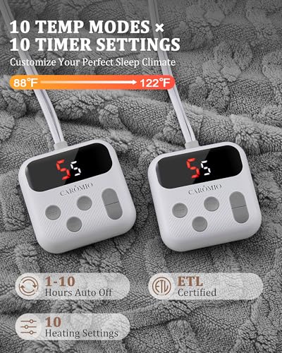 CAROMIO Electric Blanket Queen Size Dual Control - Thick Tufted Sherpa Heated Blanket Queen with 10 Heating Levels and 10 Time Settings, ETL Certified Fast Heating Blanket Queen Size 84"×90", Grey