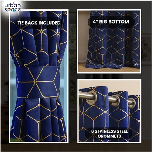Image of Urban Space 80-85% True Blackout Curtains for Door, Gold Foil Printed Blackout Curtains, Blackout Decorative Door Curtain Eyelet with Tieback, 1 Piece Curtain for Living Room(Hex Navy Blue, 7 Feet)