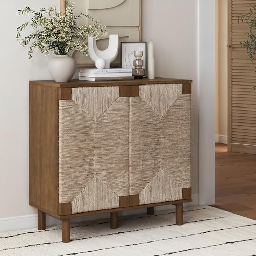 Image of Nathan James Beacon Boho Accent Cabinet with Doors, Free Standing Kitchen Cabinet Storage with Adjustable Interior Shelf and Seagrass Accent, Dark Brown