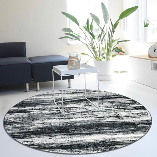 KOZYFLY Modern Abstract Washable Circle Rug 5Ft, Washable Kitchen Rug Non-Slip Soft Bathroom Round Rug, Black Navy Blue Grey Striped Entryway Rugs Faux Wool Doormat for Bedside Entrance Bedroom Sink