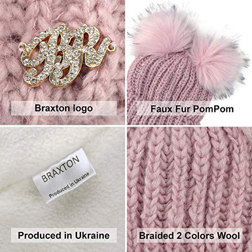 Braxton Beanie Women - 2 Pom Cable Knit Winter Warm Fleece Hat - Wool Snow Cuff Pink Ski Cap #TOP4