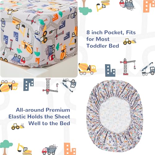 Image of lasoftan Construction Toddler Bedding Set for Boys, 4 Piece Bed-in-a-Bag Toddler Comforter Sets, Excavator, Cars Printed, Super Soft and Comfortable Microfiber Todeeler Bed Set