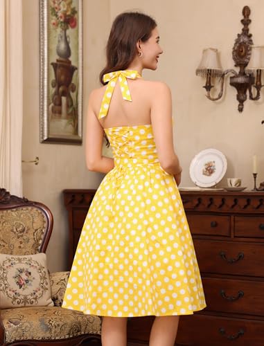 Image of 1950s Dresses for Women Vintage Retro Cocktail Party Swing Dresses Halter Floral Rockabilly 50s Polka Dot Pin up Dress